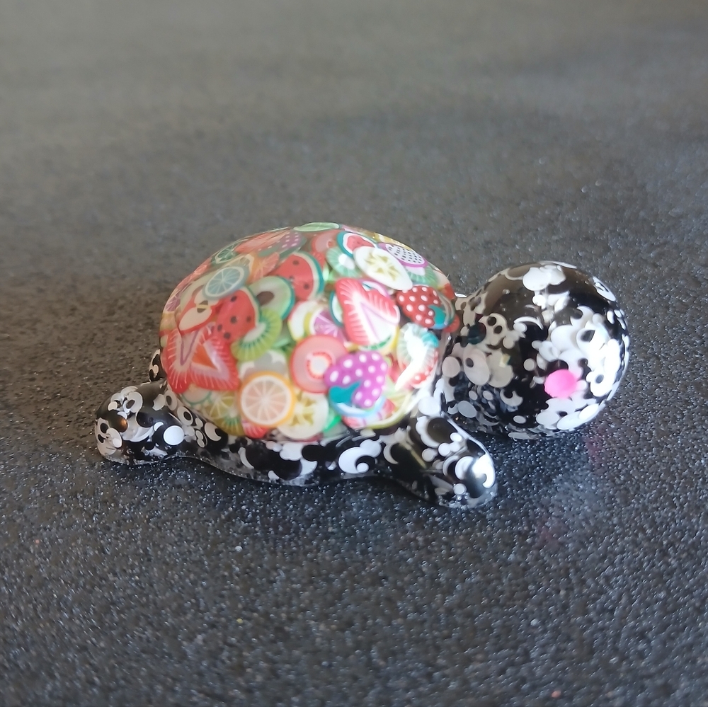 Cute turtle figurine with clay fruit shell and black white glitter new handmade